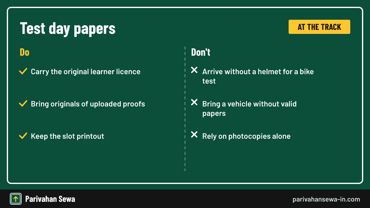 Some states check originals at the counter before the test begins. Do's and don'ts list of required documents for driving test day at the RTO track