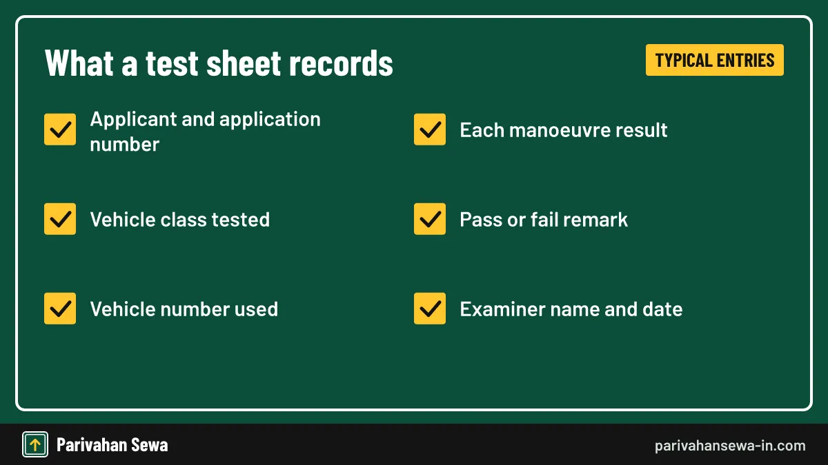 Checklist of entries usually recorded on a test sheet for driving test at the RTO