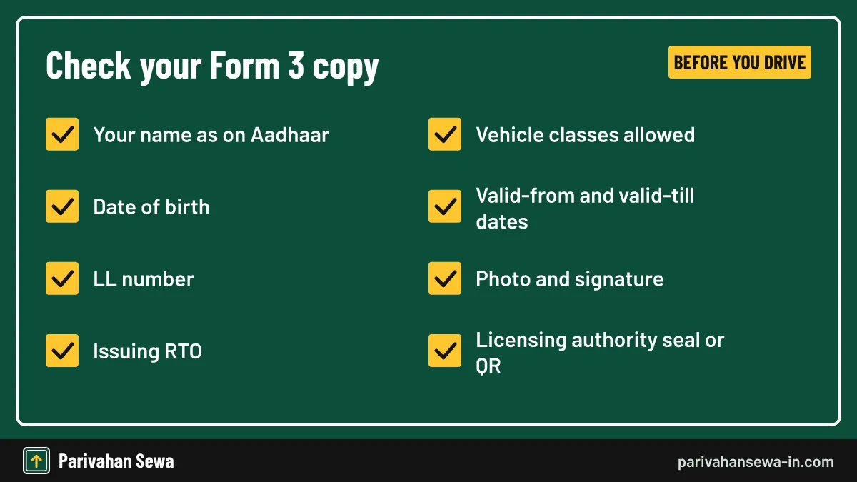 A wrong class or date has to be corrected before the driving test. Checklist of details to confirm on a Form 3 learner licence PDF after download