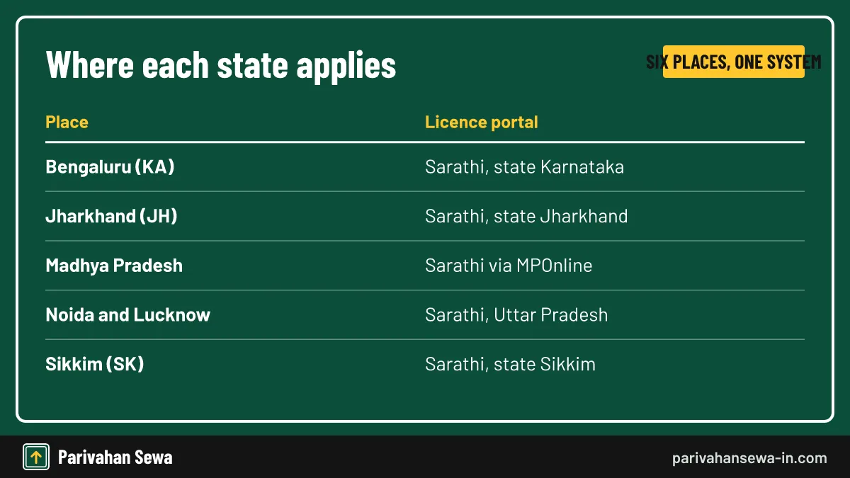 The form is national; the state you pick decides the office and any extra charges. Table showing the driving license Bangalore portal next to Jharkhand, MP, UP and Sikkim routes
