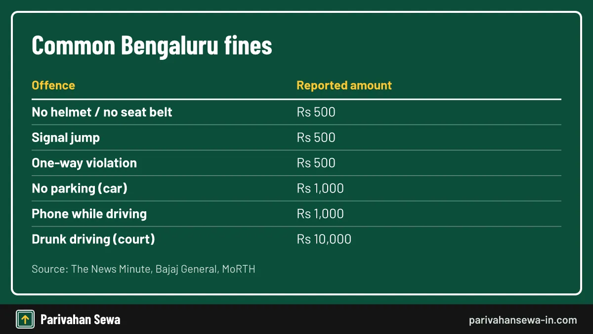 Karnataka amounts from the 2019 notifications; your notice shows the exact figure. Table of common Bangalore traffic fines for helmet, signal jump, parking and phone use