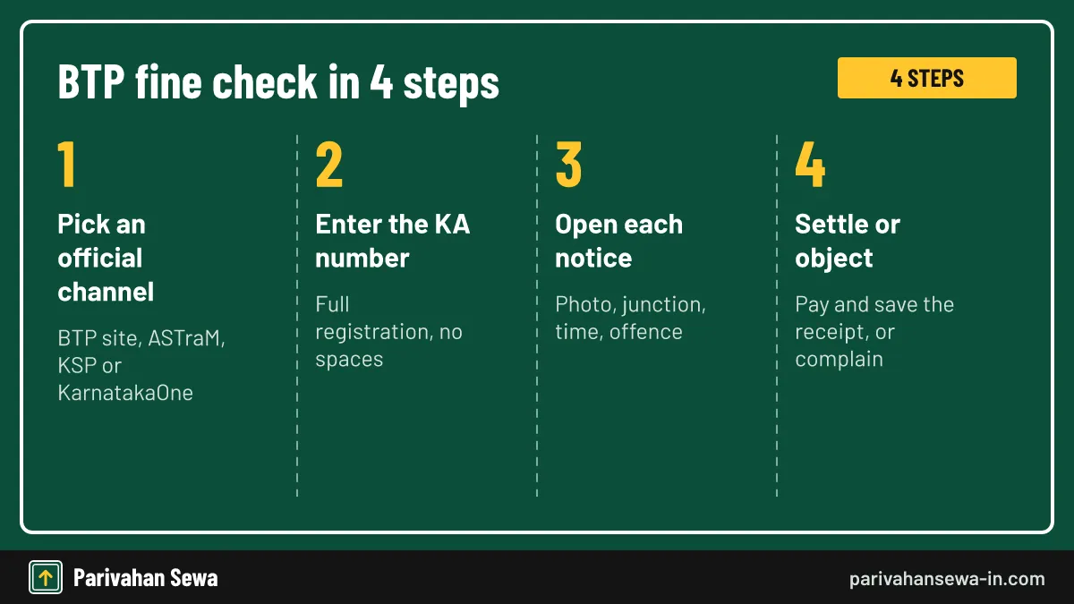 The registration search lists every open notice on the vehicle. Four steps for a BTP fine check using the vehicle registration number in Bengaluru