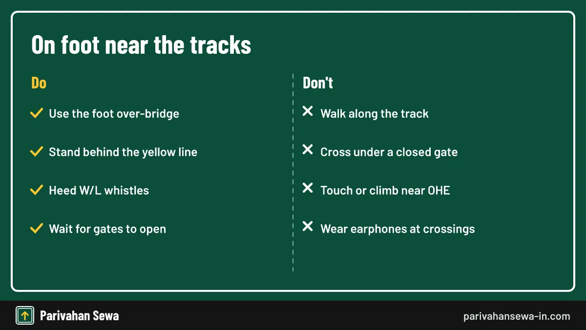 Most boards are for crews, but they also warn you a train is near. Indian railway signs and symbols guidance with dos and donts for people on foot