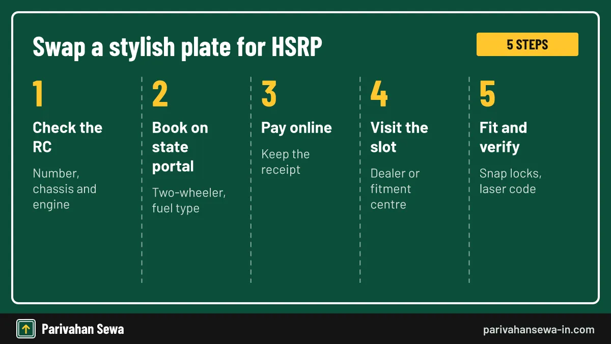 Book through the state's official link, not through a plate shop. Five steps to replace a stylish bike number plate with a legal HSRP plate