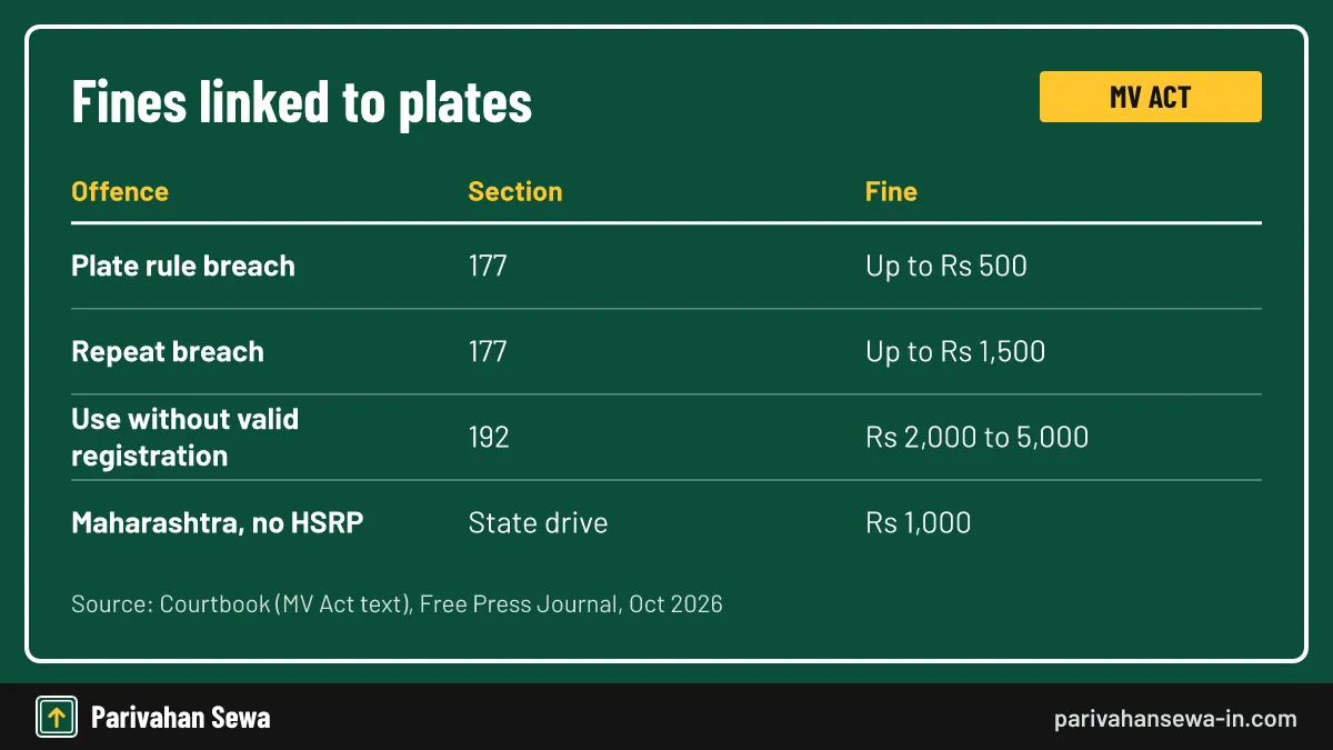 Which section is applied depends on the officer and the state. High security number plate challan amounts under sections 177 and 192 of the MV Act