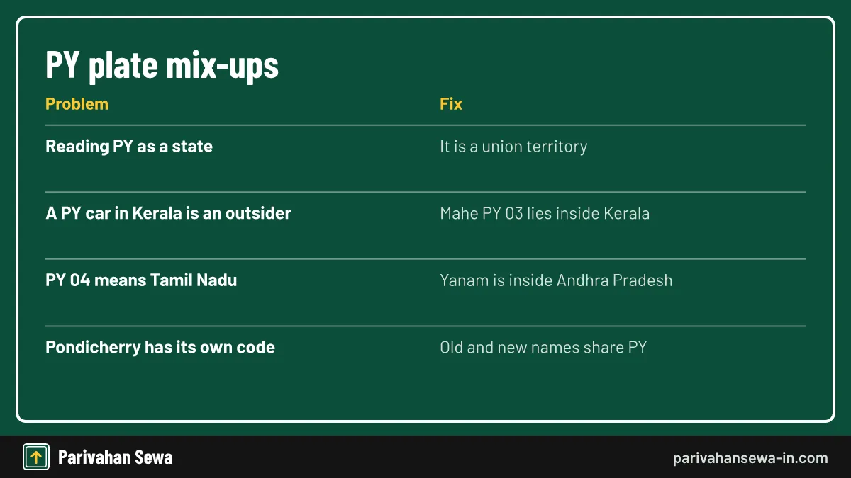 Puducherry's scattered map explains most of the confusion. Common mistakes people make about the PY registration state and the correct reading