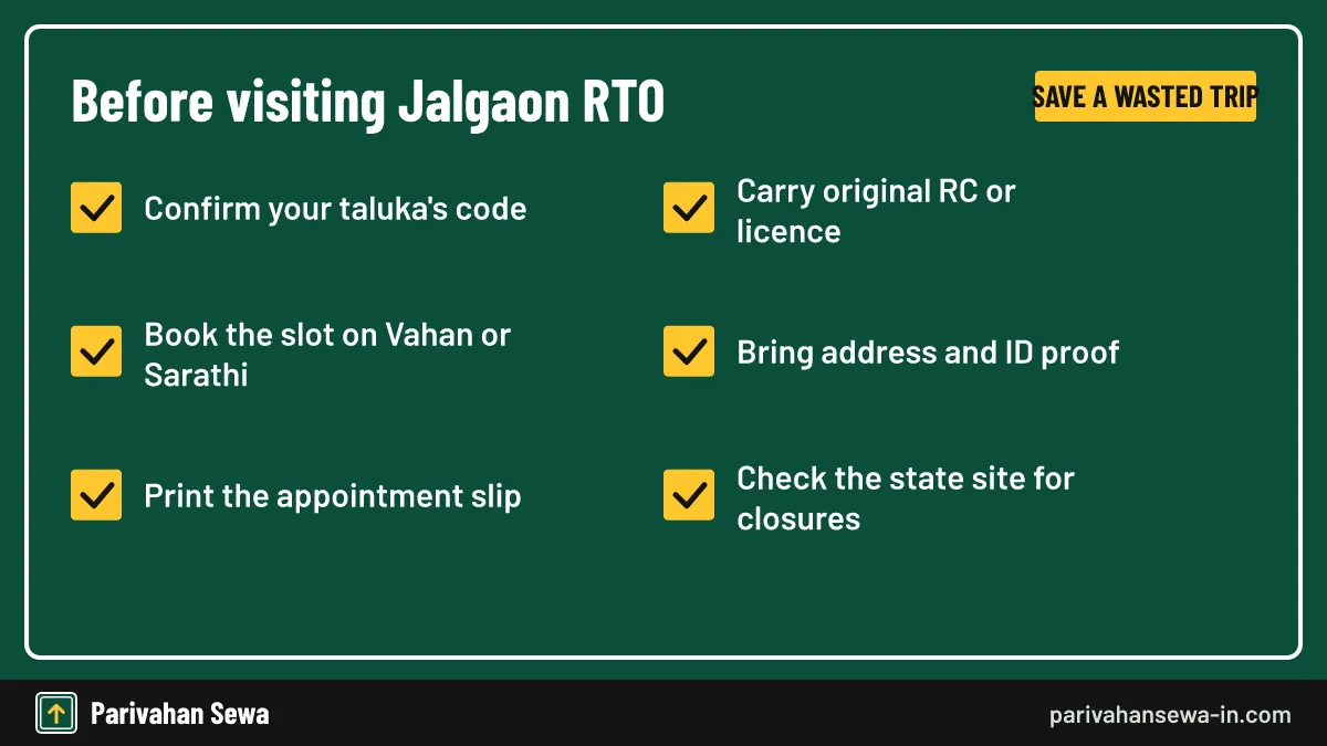 Most wasted visits come from the wrong office or a missing appointment slip. Checklist of things to do before visiting the RTO office Jalgaon at Adarsh Nagar