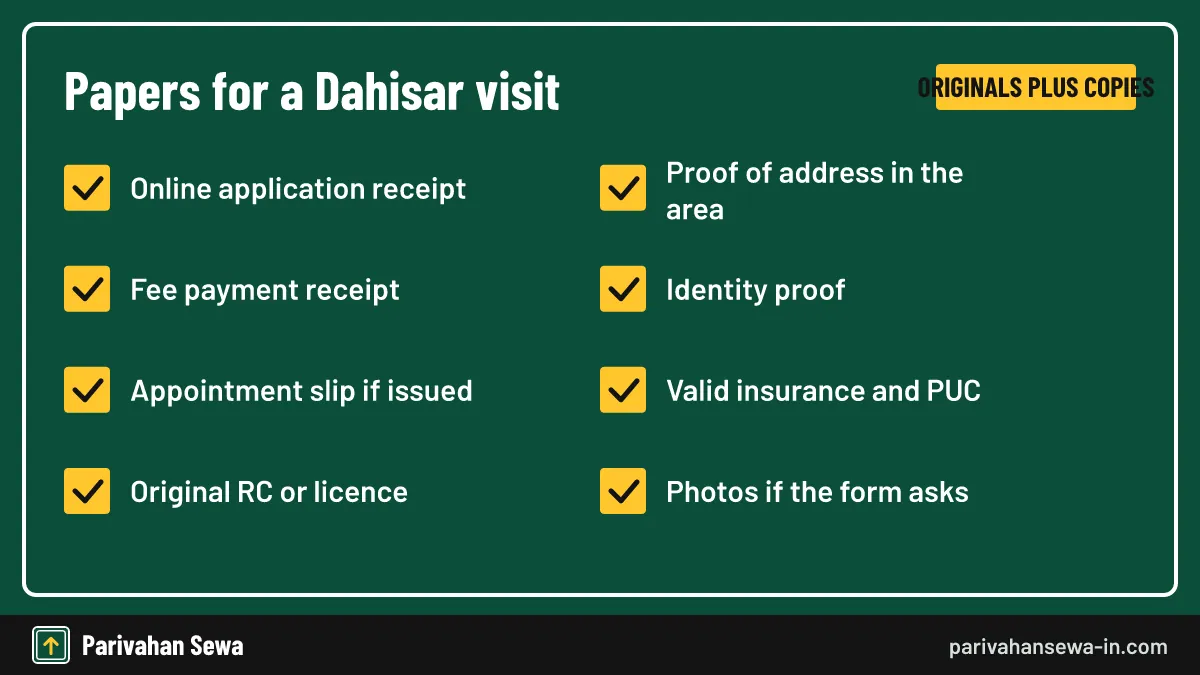 An address proof from Goregaon to Dahisar is what ties your file to this office. Checklist of papers to carry to the MH 47 RTO address in Dahisar West