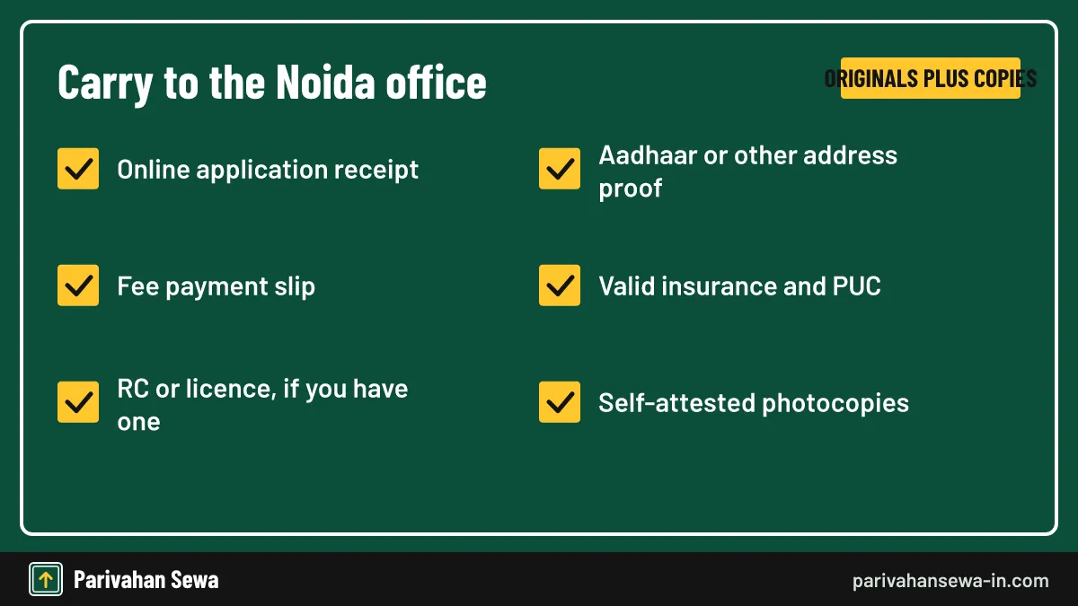 Documents checklist for a visit to the rto office Noida with receipts and ID proof