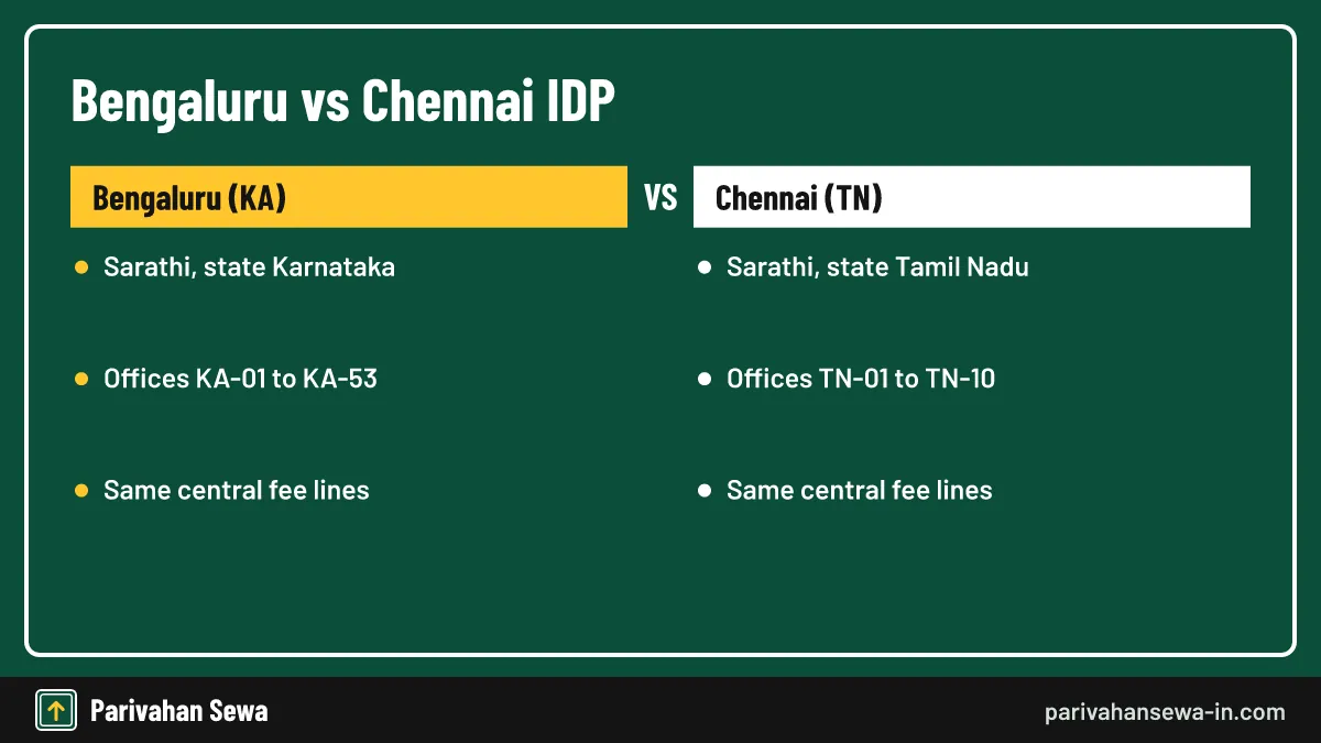 Only the state you pick and the office on your slot change between the two cities. Comparison of the international driving license Chennai route with the Bengaluru RTO route