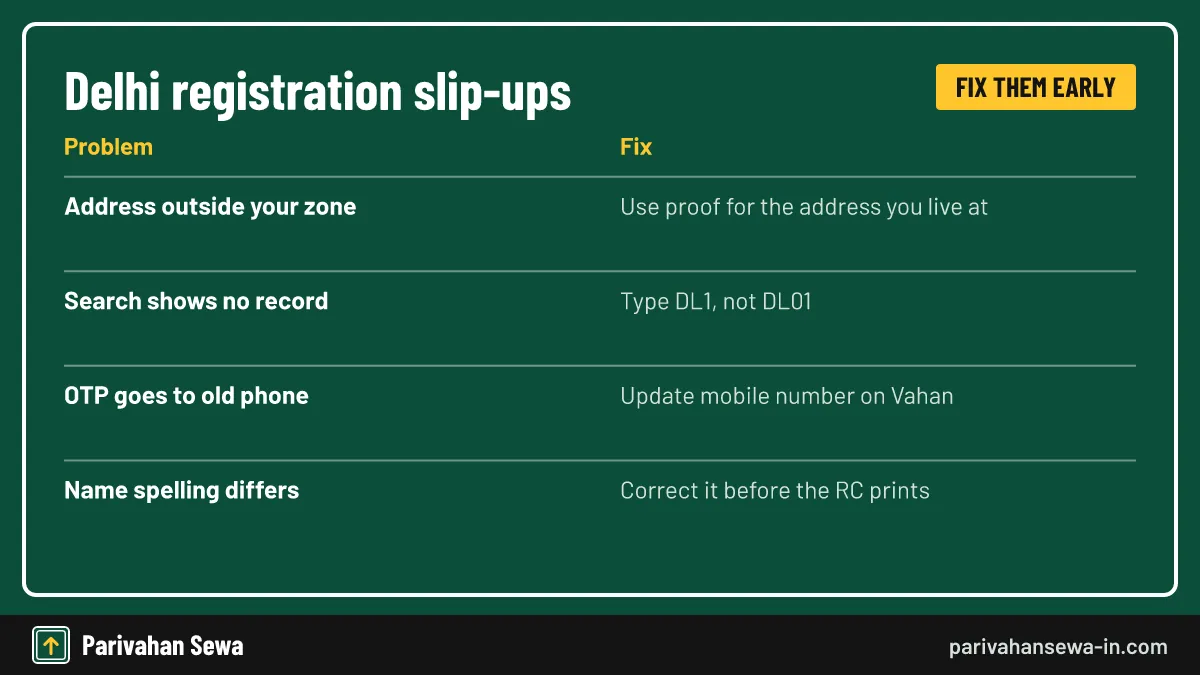 Most delays trace back to the address or the mobile number. Common Delhi registration number errors and how vehicle owners can fix each one