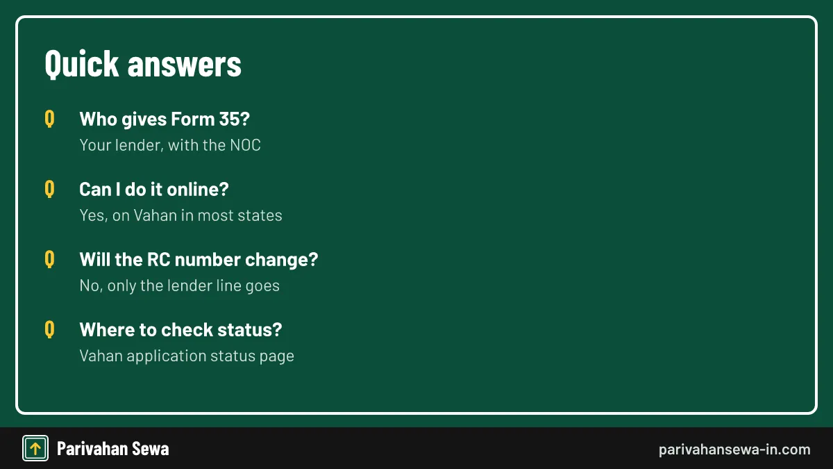 Keep the application number from the receipt for every status check. Quick FAQ card answering common hypothecation cancellation online questions